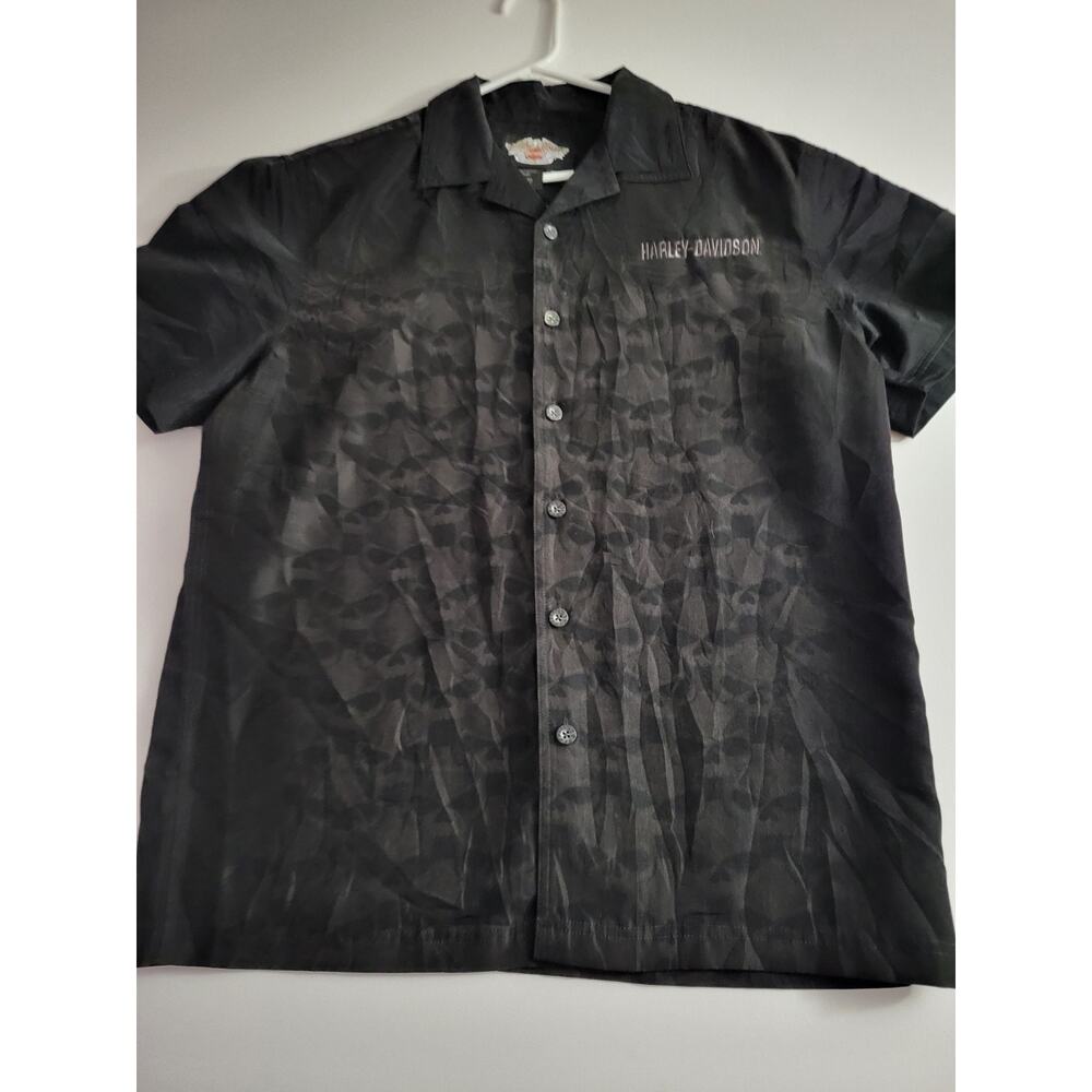 Harley Davidson Button Up Shirt Mens Medium Skull All Over Black Embroidered